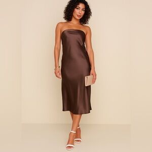 Express Strapless Satin Brown Midi Dress – Size M (New with Tags)